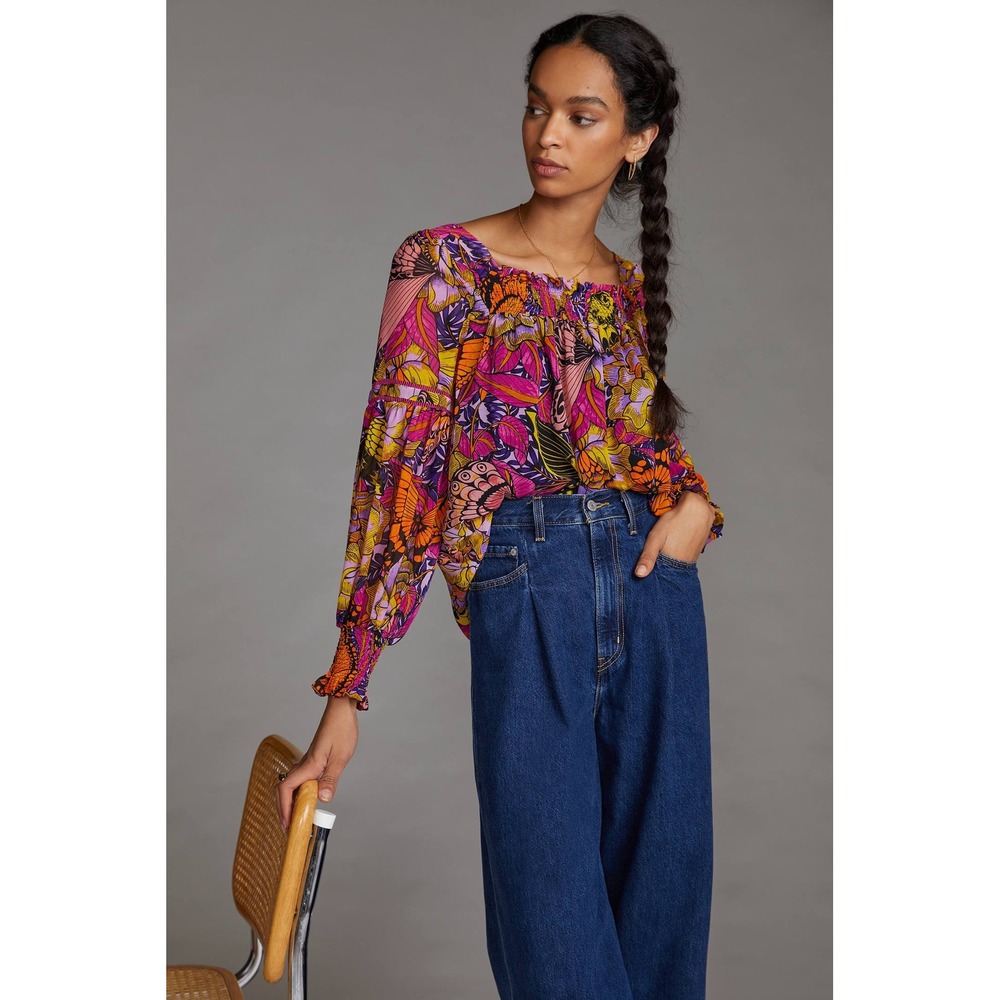 Alexandra Farmer Anthropologie Butterfly Floral Smocked Blouse Purple Orange M